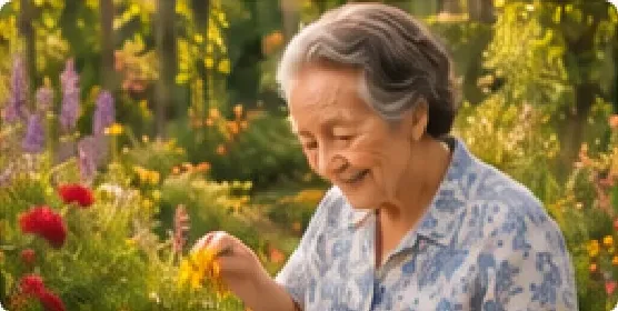 An older woman smiling as she touches yellow flowers in a garden.